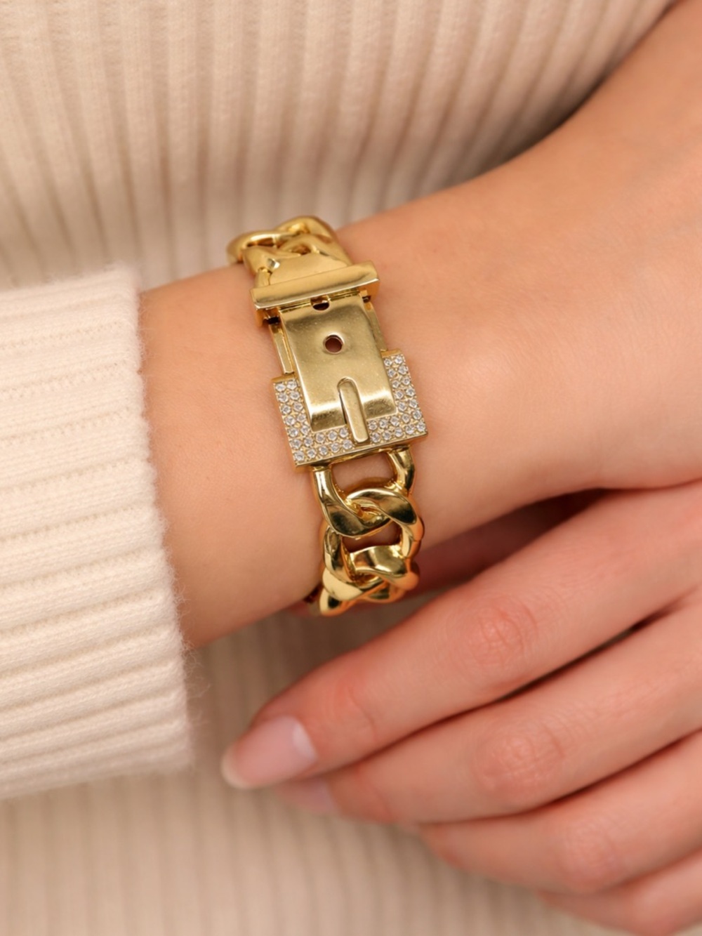 Gold Tone Belt Bracelet with Rhinestoned Buckle
